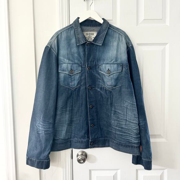 Guess Vintage Blue Vintage Button Denim White Wash Whiskering Trucker Jacket XXL - Picture 1 of 12